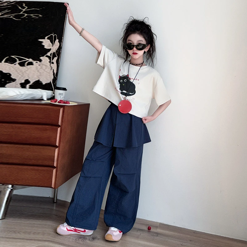 女童套装夏季薄款2025新款儿童夏装女孩短袖T恤裙帘裤两件套大童