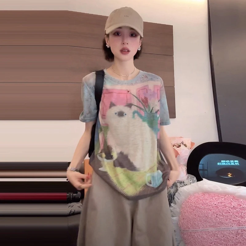 复古撞色印花油画风T恤2025夏季新款时髦设计感漂亮圆领短袖上衣