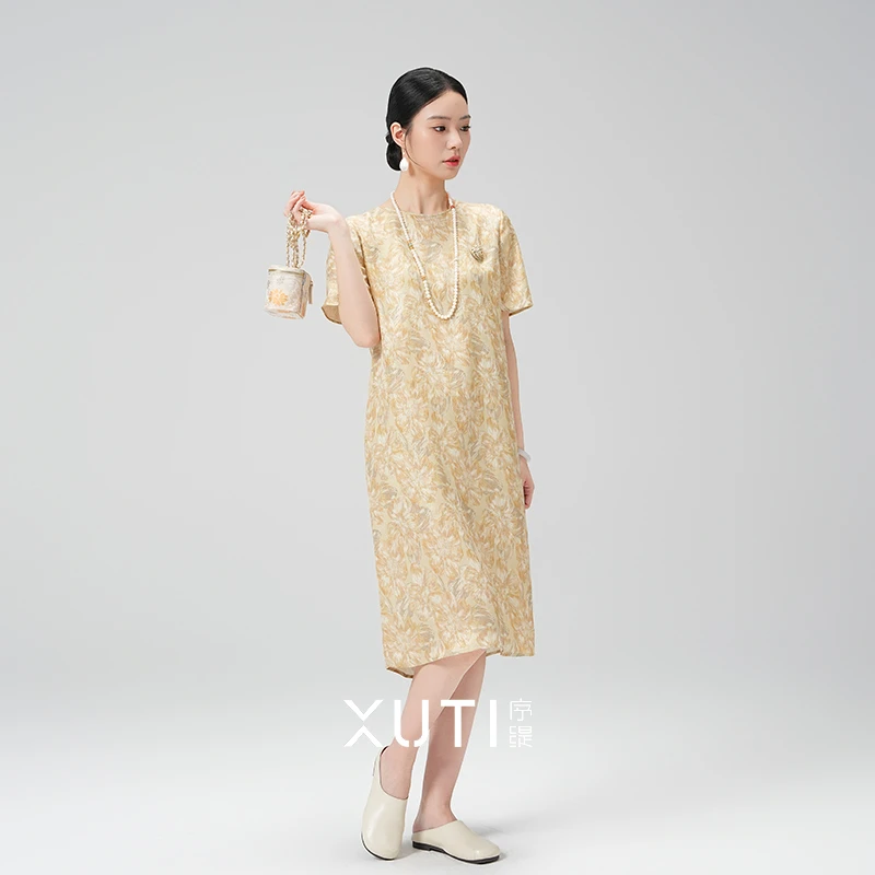 序缇『错彩镂金』新款春夏复古国风新中式桑蚕丝连衣裙女H117-9762