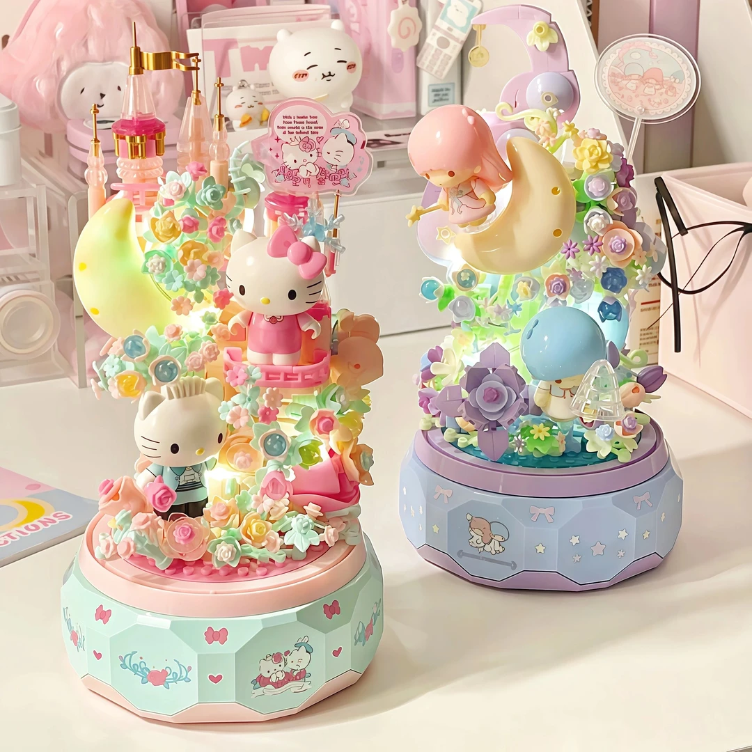 Hellokitty三丽鸥KT猫八音乐盒积木拼装玩具摆件送女孩生日礼物