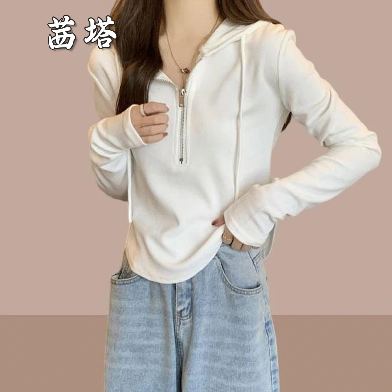 女士长袖t恤连帽半拉链爆款上衣2025春秋季新款小个子设计感女装