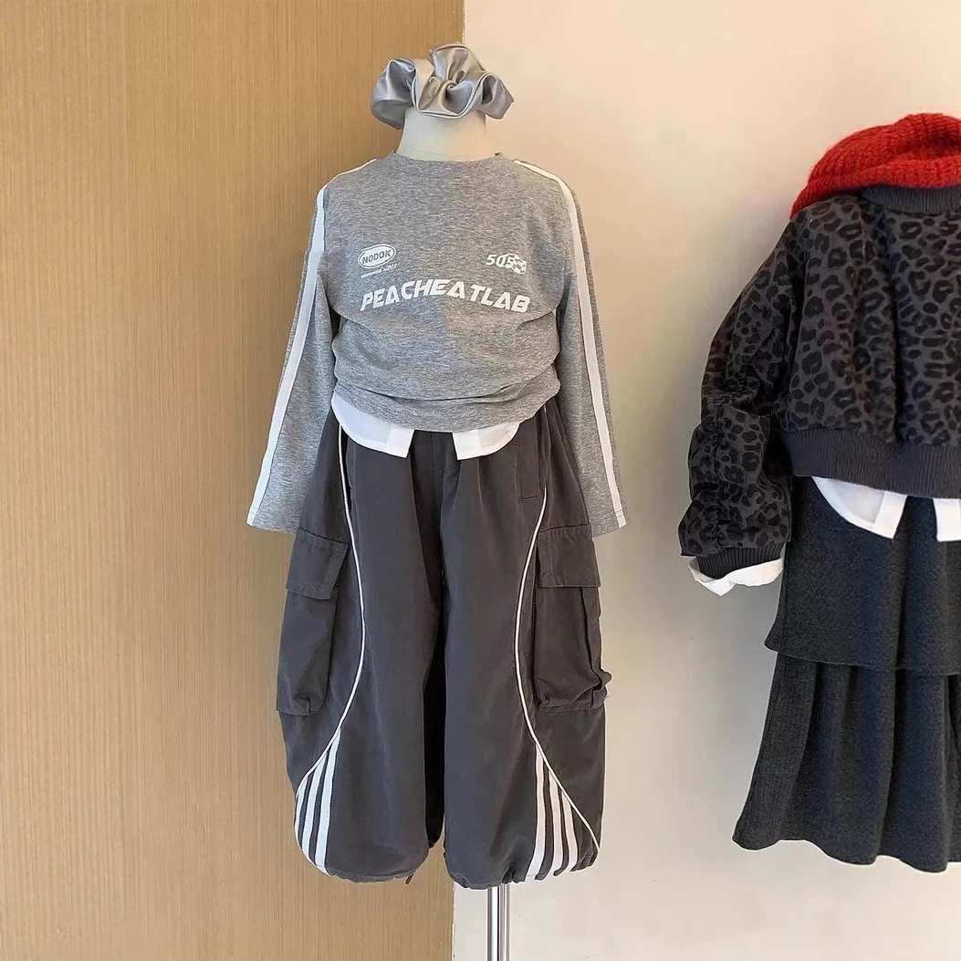 韩版女童秋季新款宝宝洋气休闲运动风薄款T恤上衣灰色裤子套装