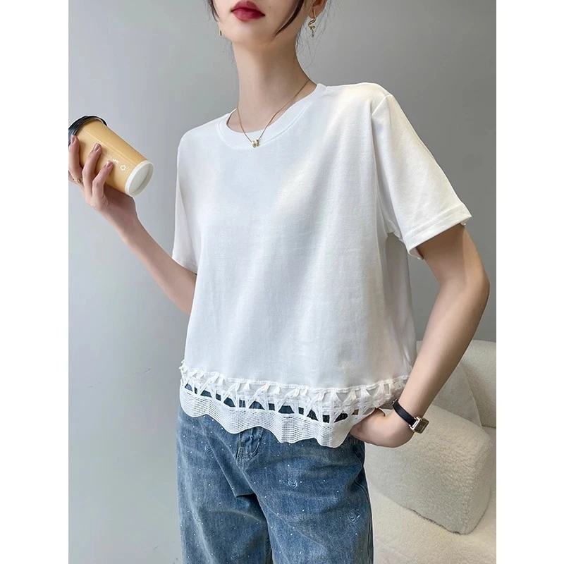 女士短袖t恤夏白色圆领蕾丝拼接镂空宽松百搭打底衫上衣2025新款
