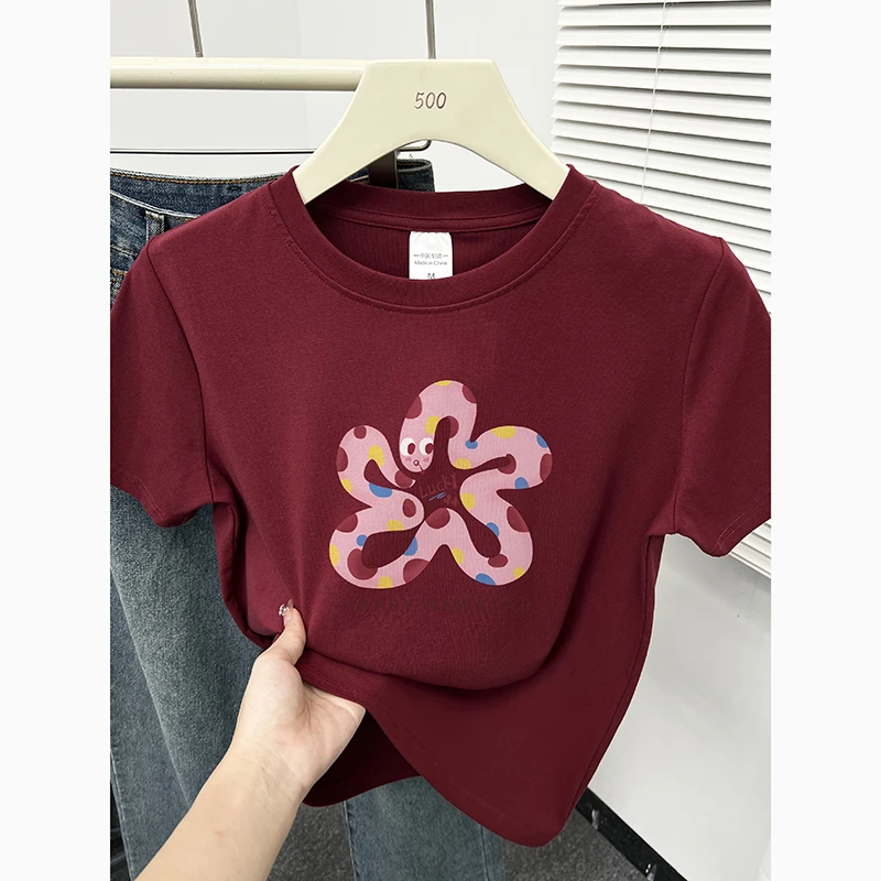 2025新款女装正肩短袖t恤衫ins时尚百搭减龄显瘦酒红色上衣春夏季