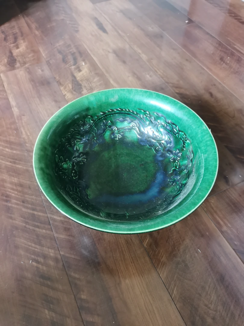 双龙绿釉大碗柴窑烧制