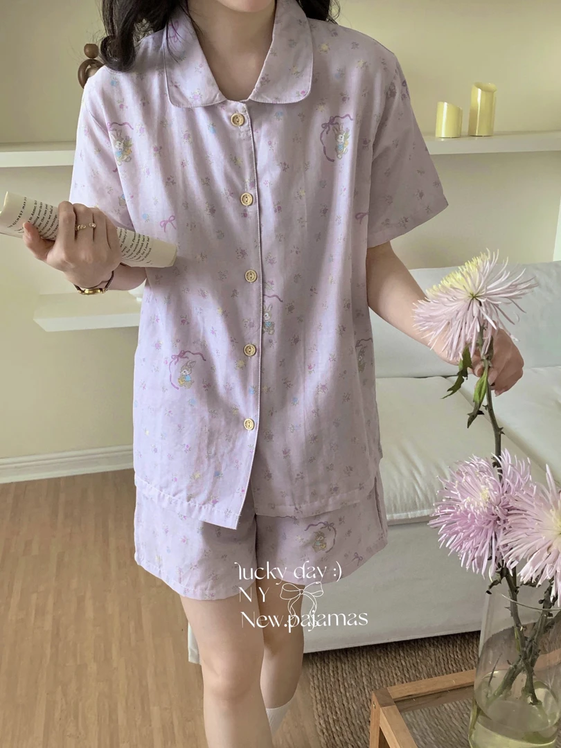 【100%棉】夏季全棉双层纱短袖短裤女款睡衣休闲家居服套装春夏款