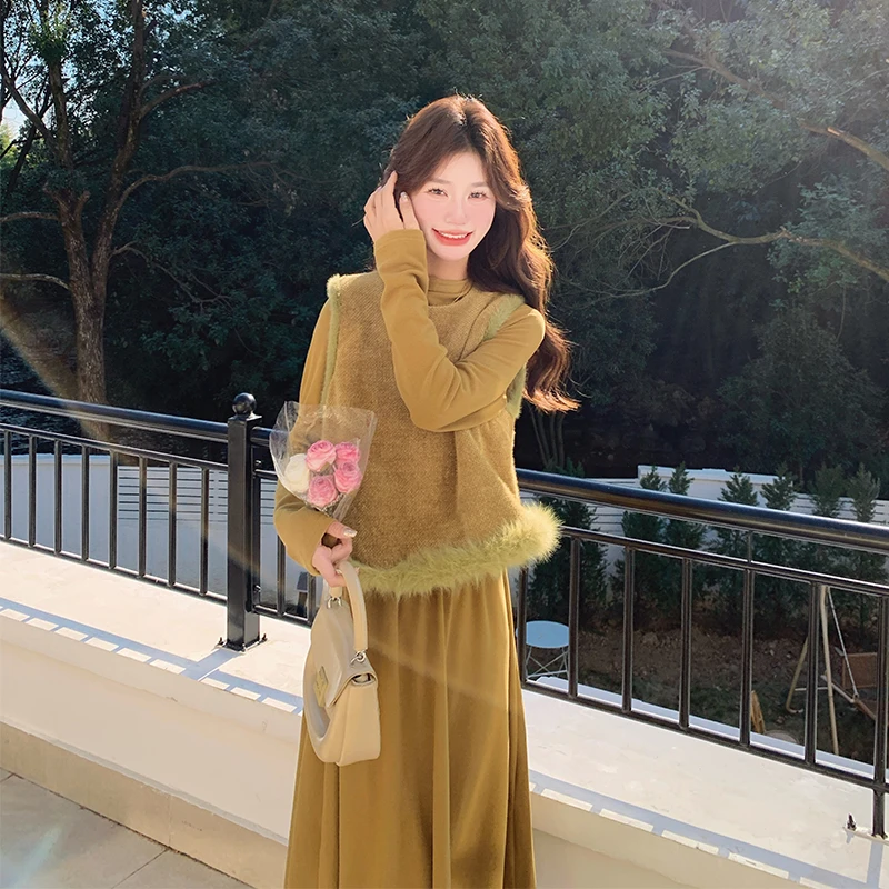 设计感毛边马甲套装连衣裙女早春2025新款小个子小香风高级感长裙