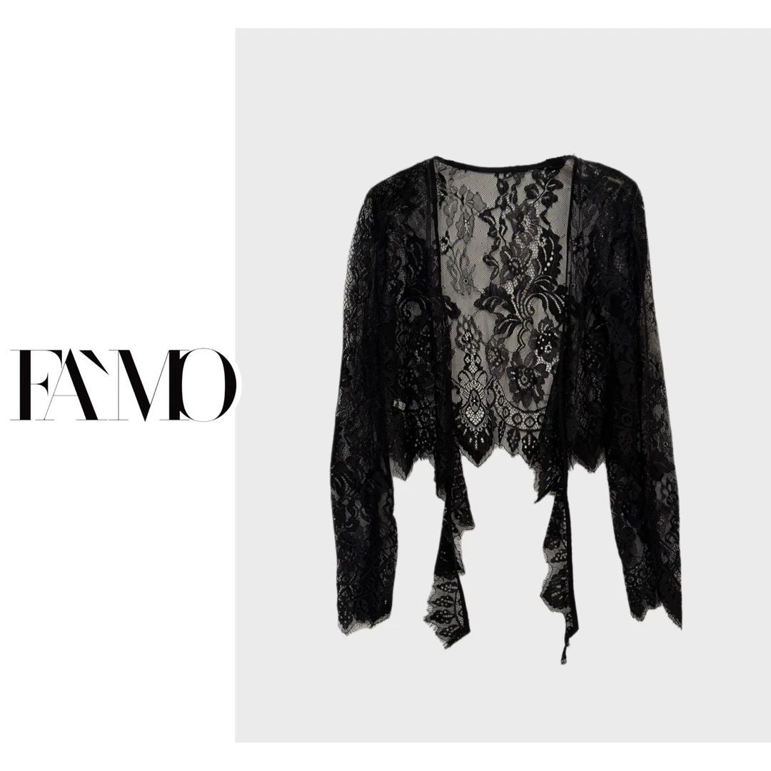 FAMO女装 2025夏季设计师蕾丝开衫系带长袖外披打底衫女 90570331