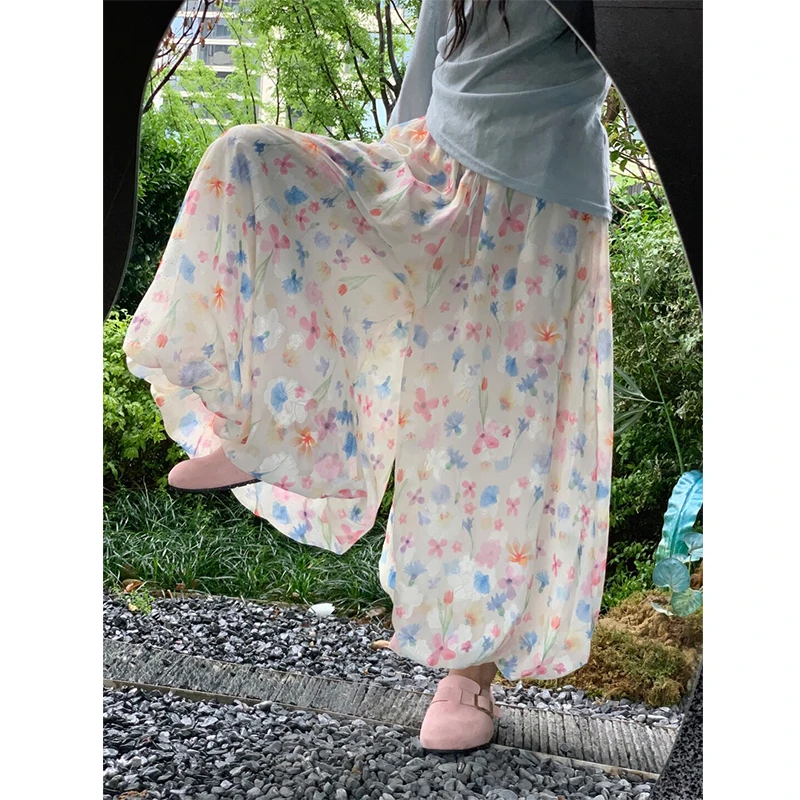 网红设计款碎花花苞裙裤夏季休闲高腰裤裙百搭长裤宽松