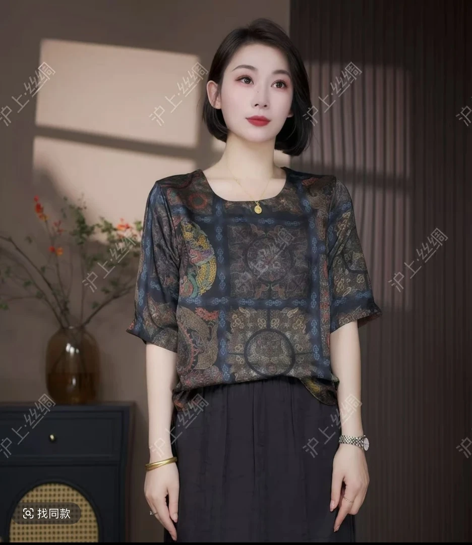 【云裳】满分100蚕丝老钱风高端女上衣五分袖