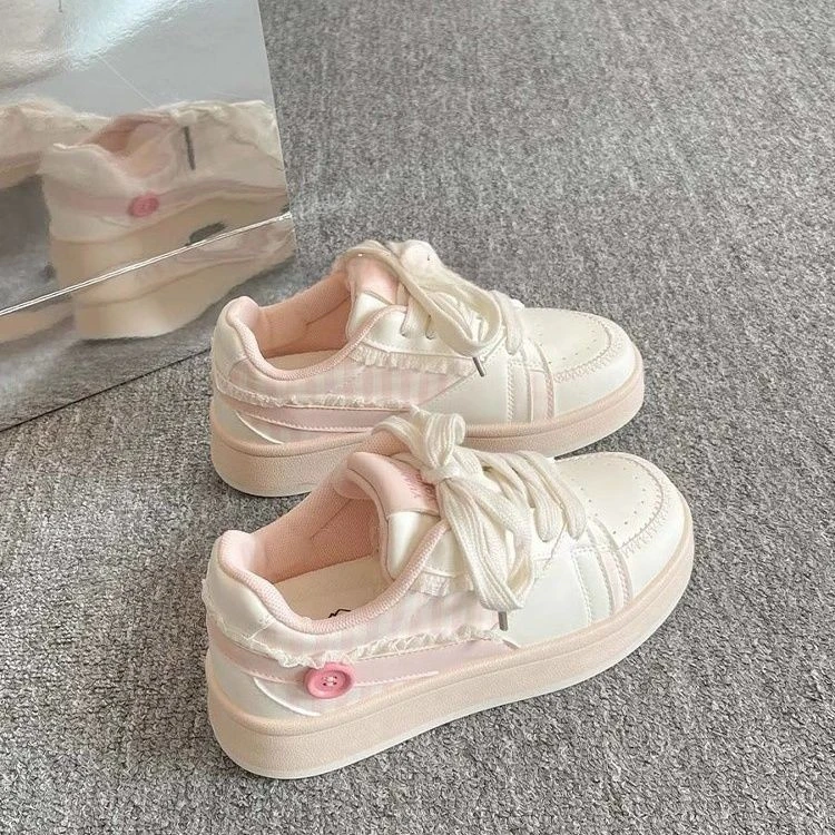 夏透气花边厚底小白鞋女款2025新款樱花粉板鞋ins百搭小众面包鞋