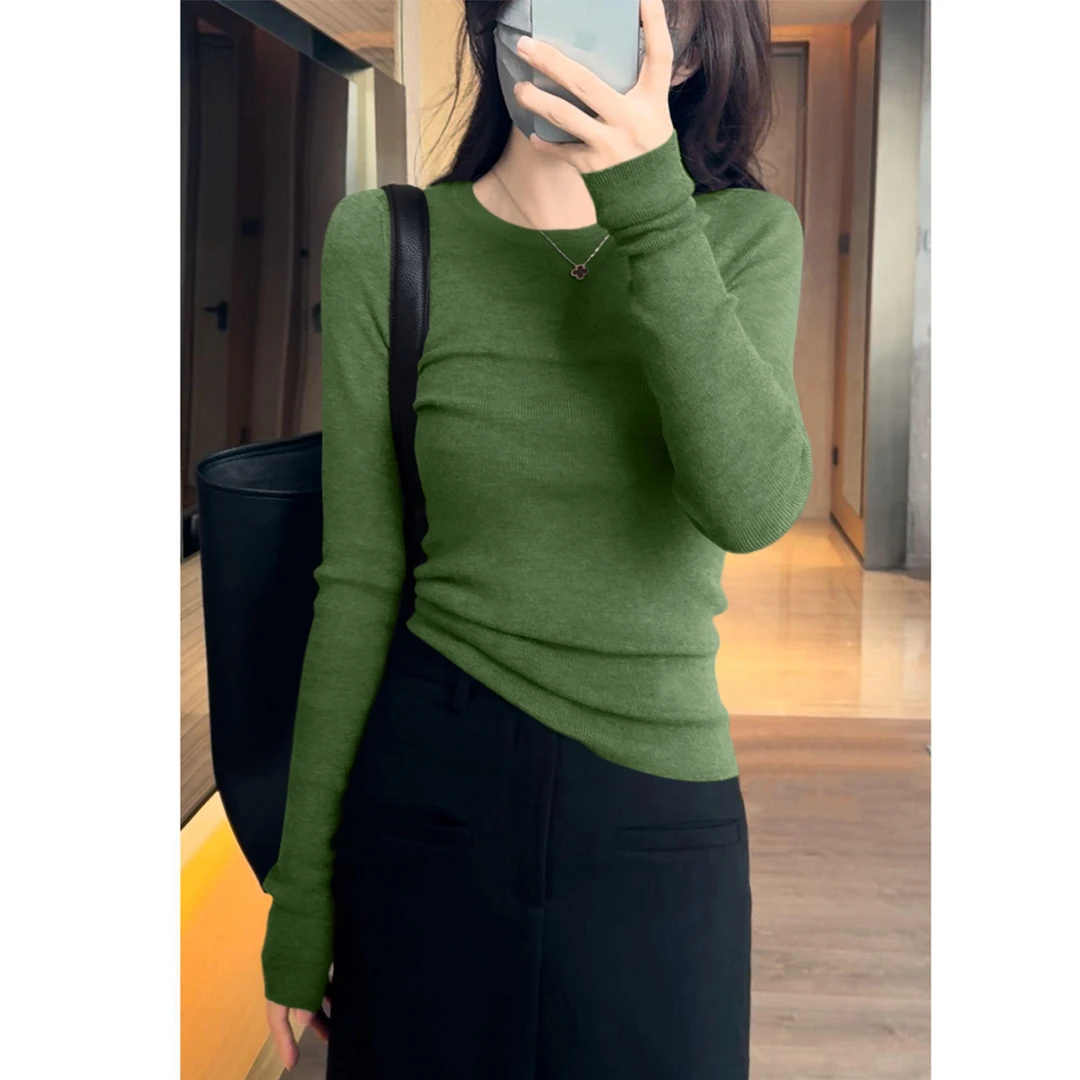 新款秋季气质针织打底衫上衣显瘦法式时尚圆领高级感长袖套头女装