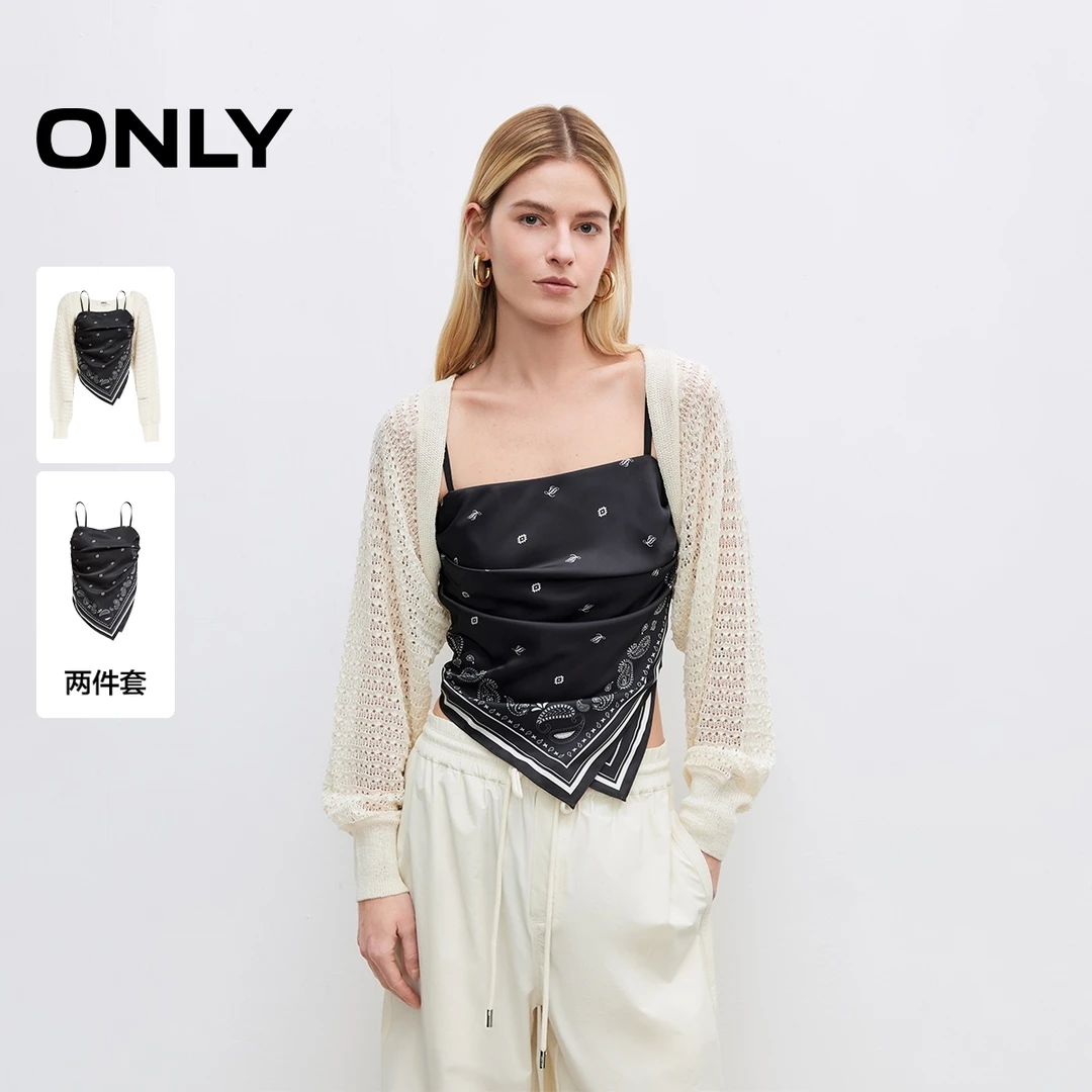 ONLY秋季镂空针织罩衫套装丝巾款吊带蕾丝衫女气质纯欲|125151007