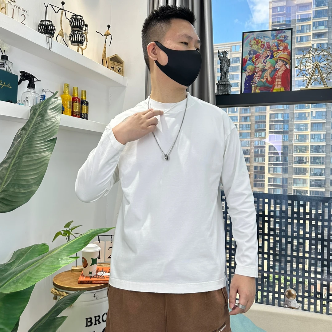 男士秋冬新款宽松潮流男装纯棉洗水磨破双领纯色长袖t恤简约卫衣