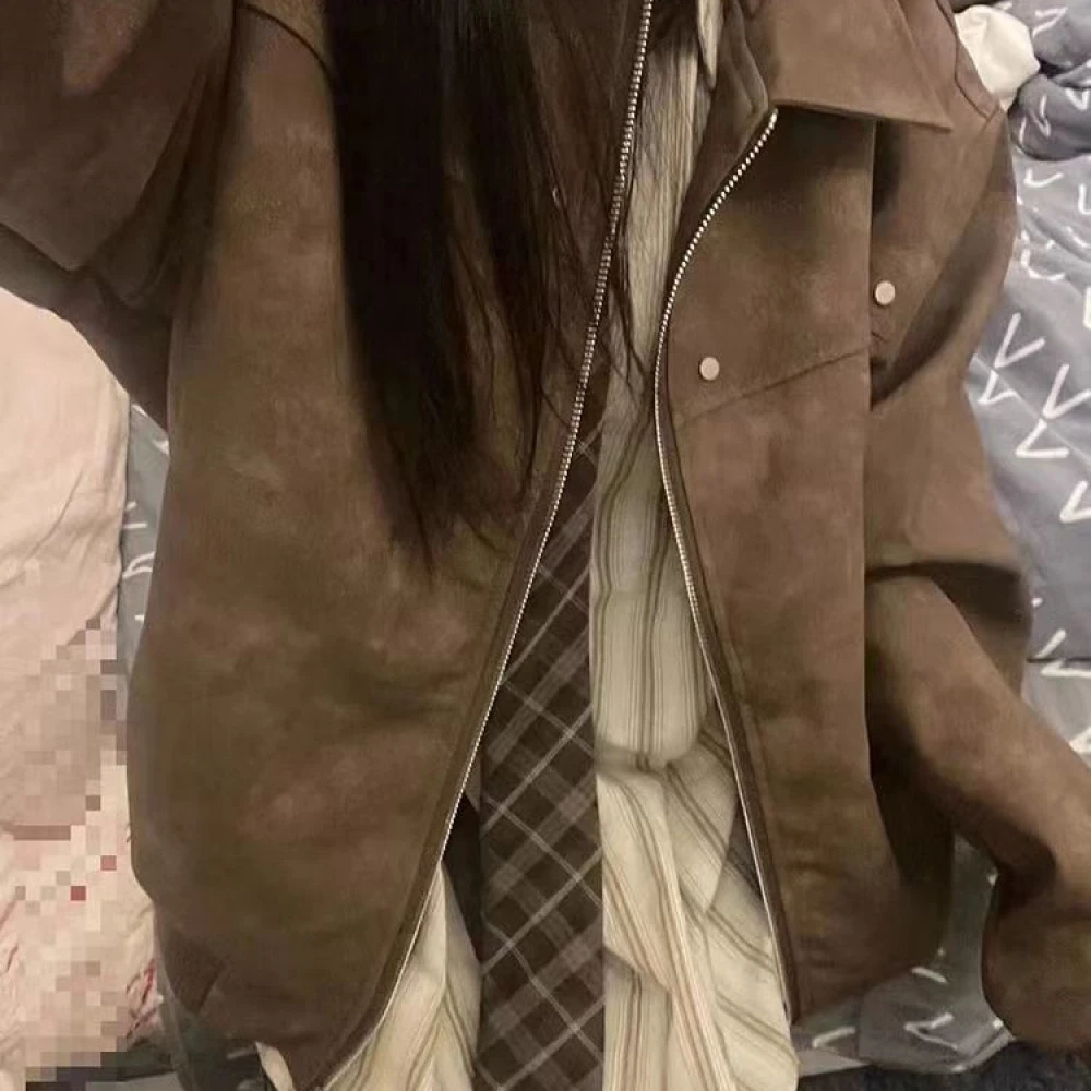 秋季外套男女同款美式复古美拉德咖色美拉德系复古植绒机车夹克