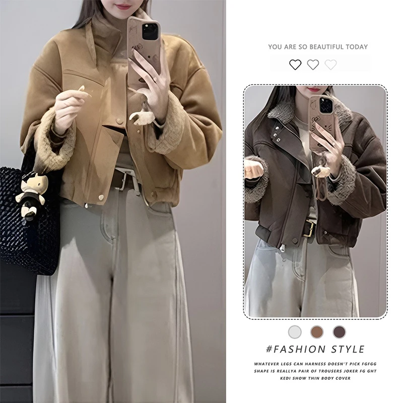 美拉德穿搭皮毛一体外套女士冬季加绒加厚时尚百搭夹克羊羔毛上衣