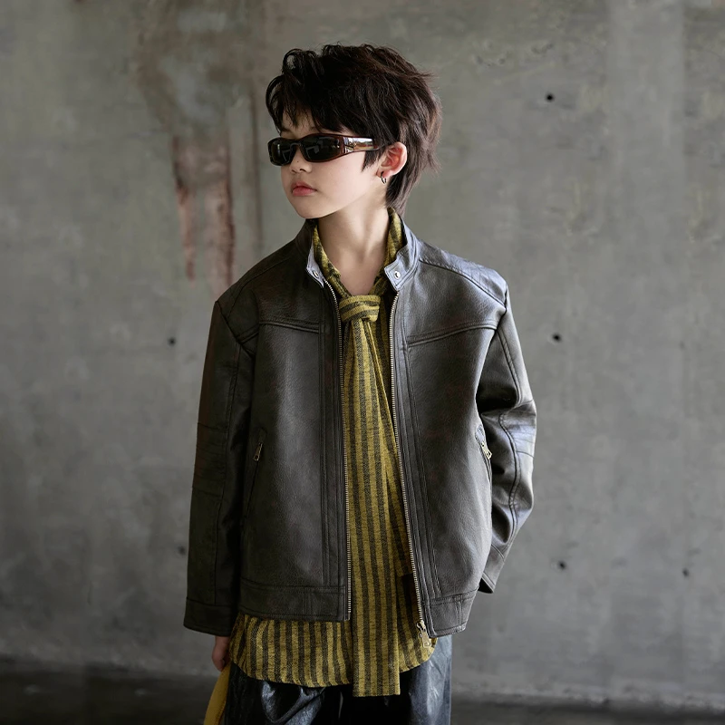 男童皮衣新款2025爆款男孩痞帅高级感中大童8-15岁男皮衣儿童外套