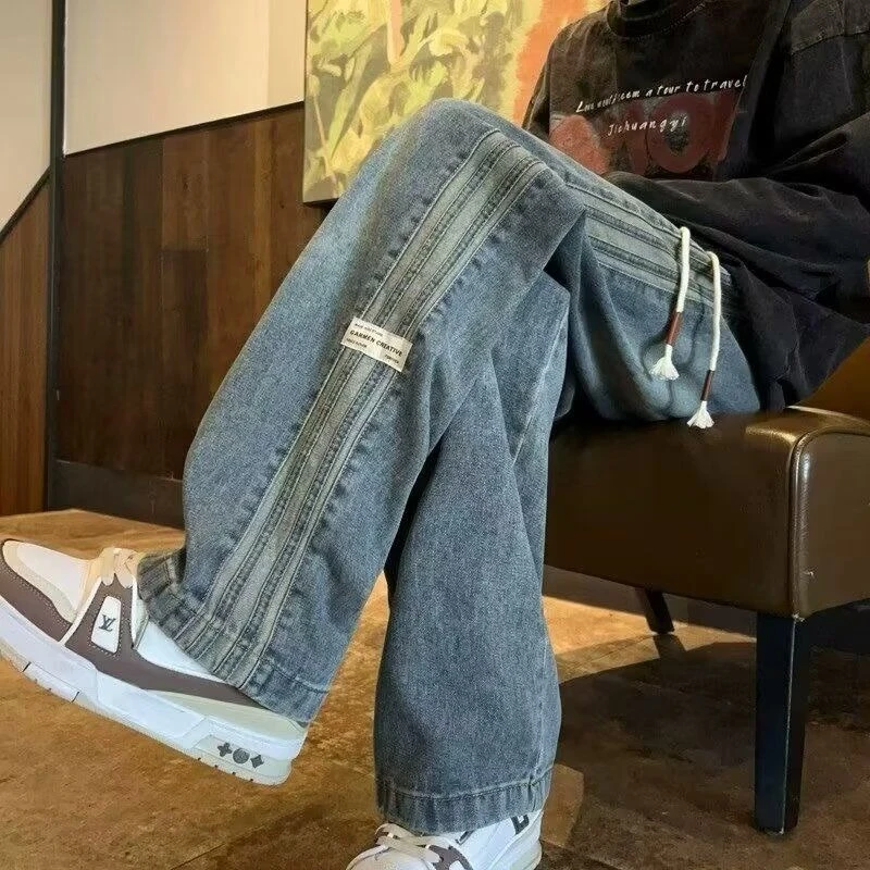 青少年美式高街牛仔裤男生宽松百搭侧条纹贴标阔腿裤子男裤长裤潮