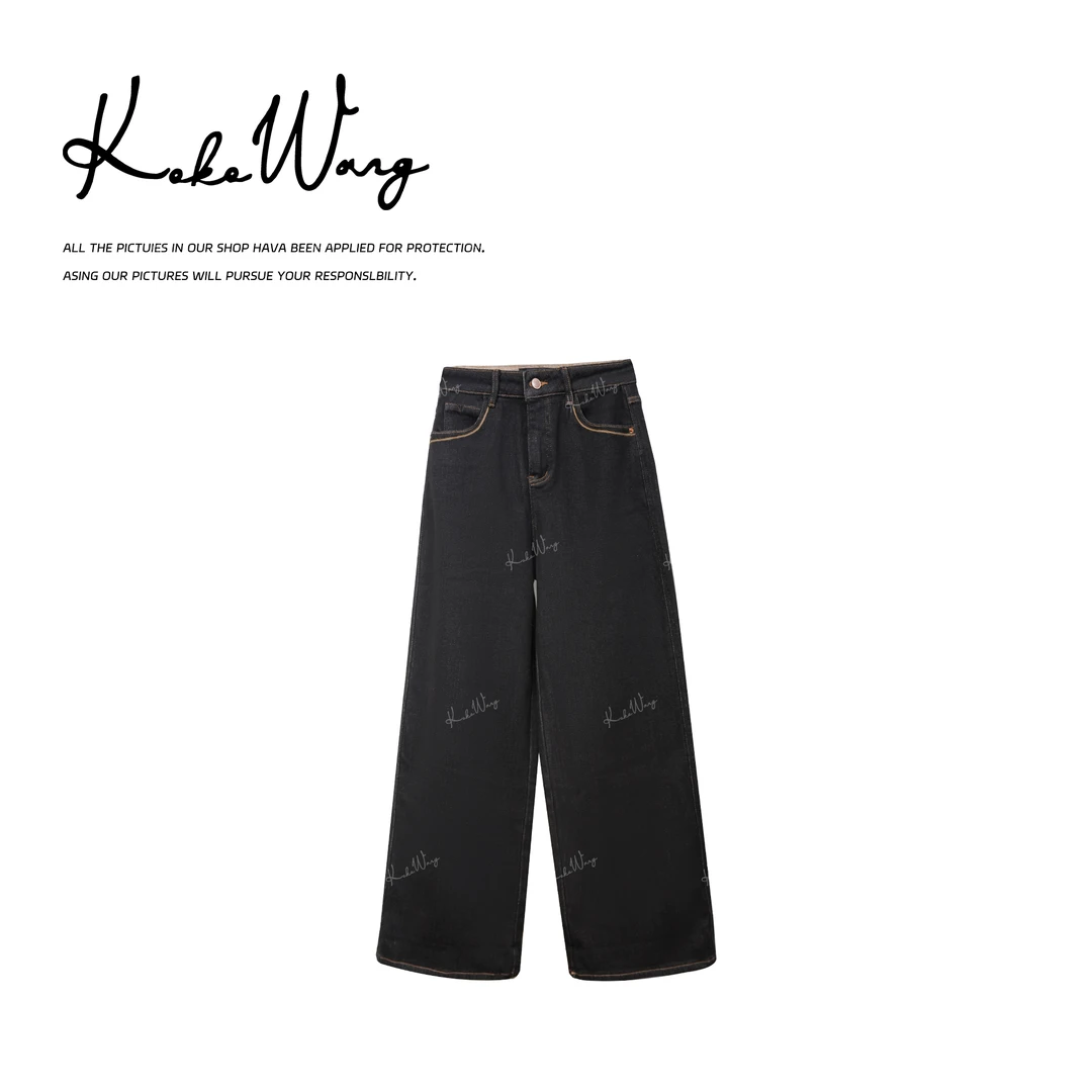KOKO WANG秋冬加绒加厚莱赛尔混纺显瘦百搭阔腿牛仔裤N6965J27K02