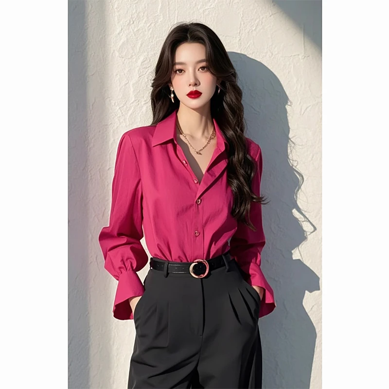 今年流行爆款独特别致洋气树莓粉衬衫女2025春季新款宽松显瘦上衣