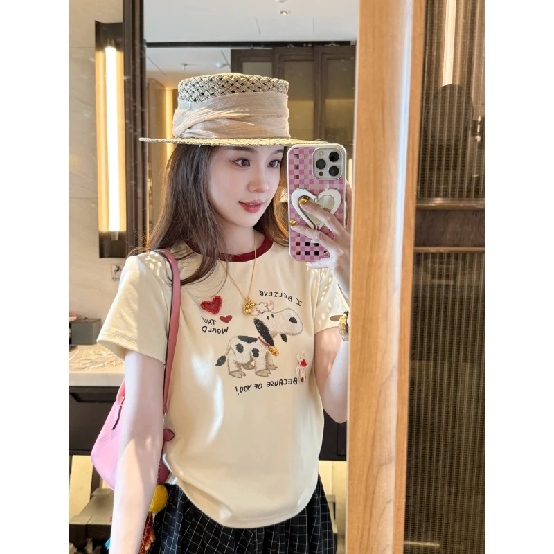 【奶牛小狗】夏季时尚百搭卡通欧美拼接T恤短袖-DX2025788