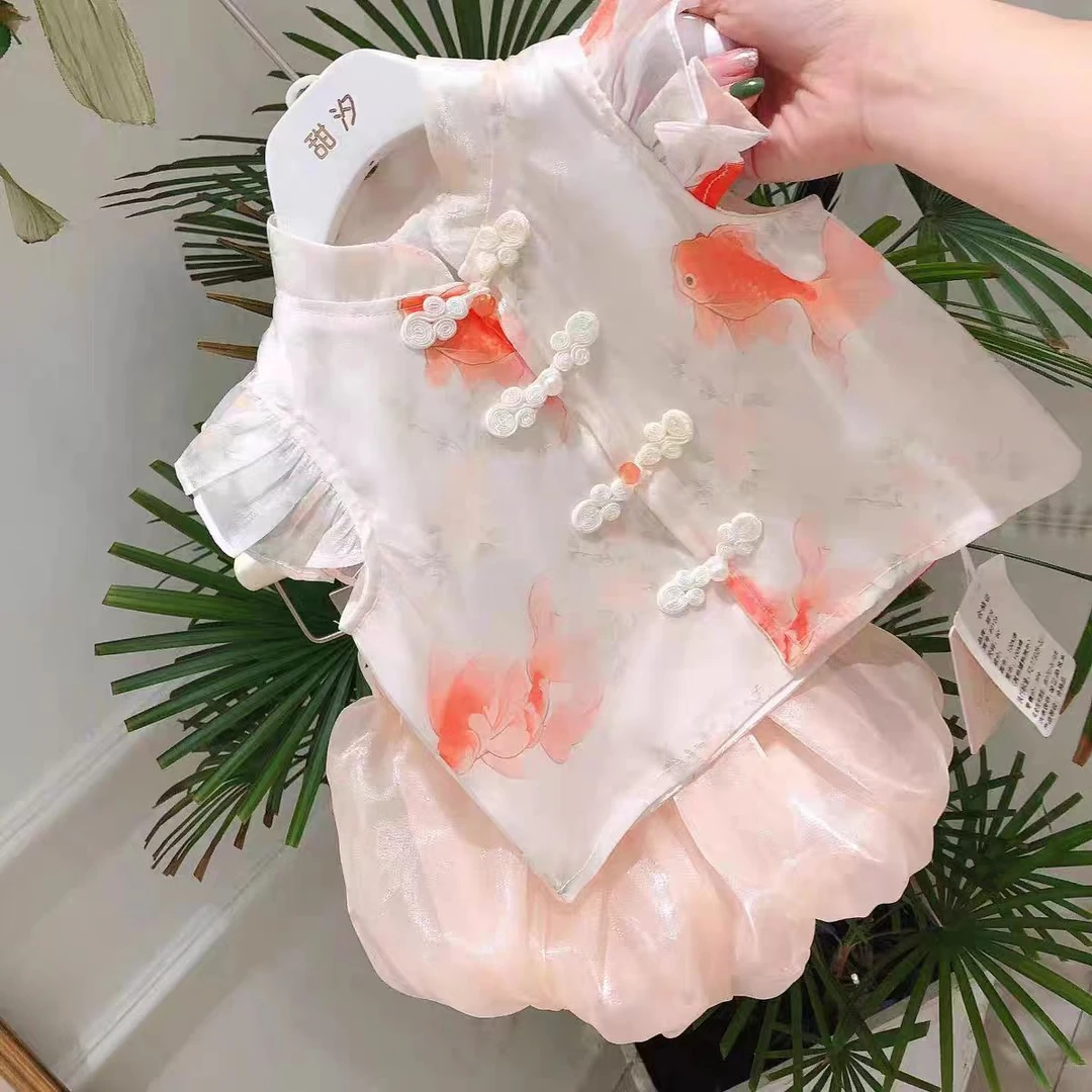0126【甜汐-金鱼国风套装】夏季中式儿童女宝花苞短裤套装两件套