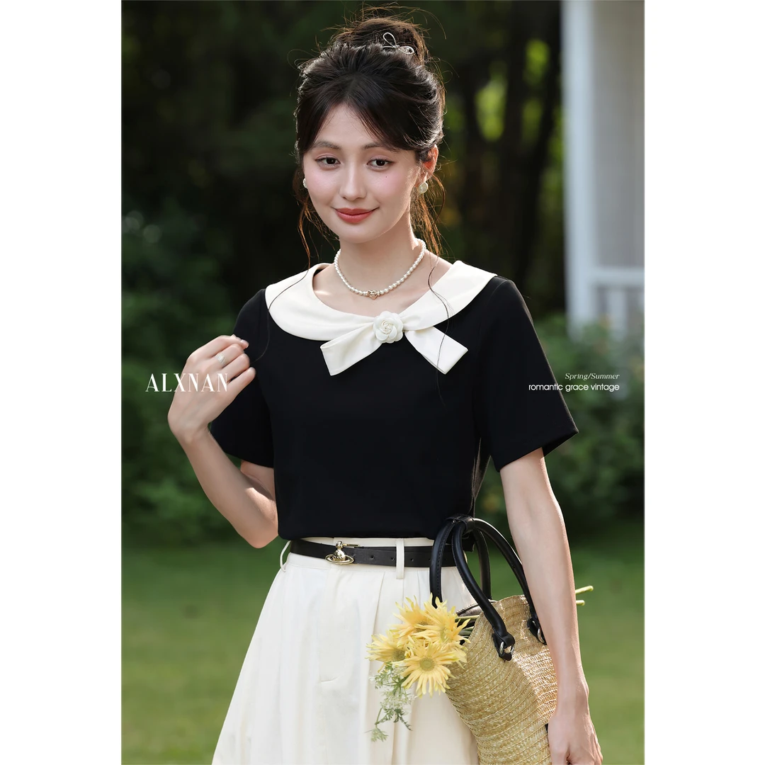 「风传花信」黑色法式气质短袖T恤女夏独特设计感拼色上衣