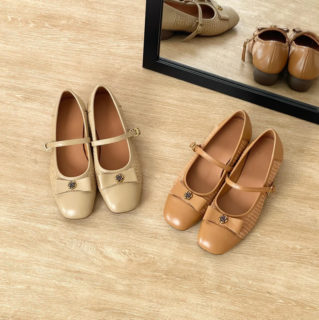 HUSSLOVE 头层牛皮+编织·跟高3CM·百搭拼接编织蝴蝶结浅口单鞋女