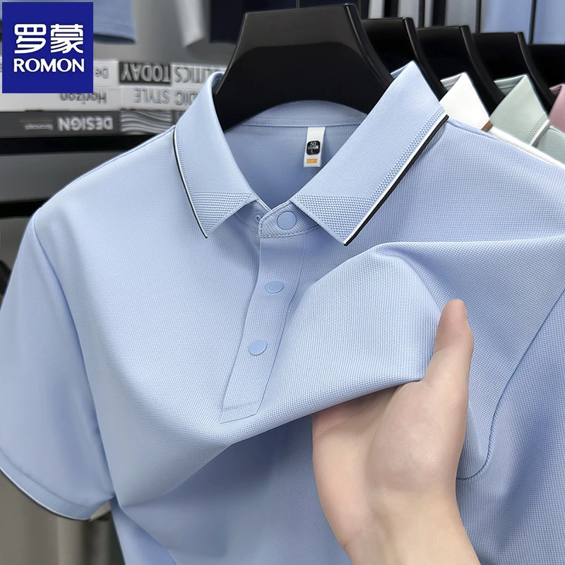 罗蒙冰丝凉感锦氨无痕薄款短袖T恤男夏季纯色简约翻领休闲polo衫