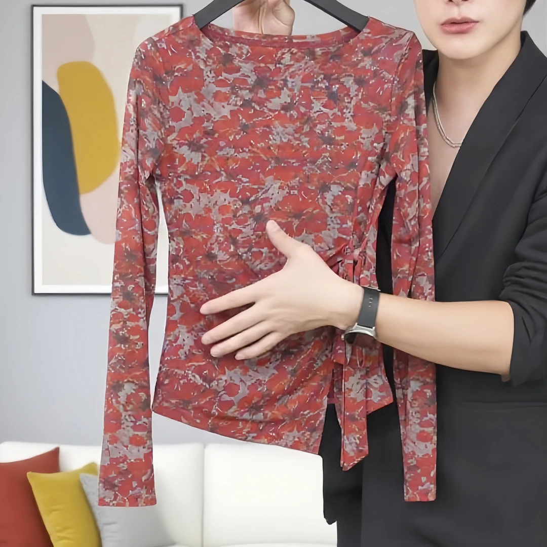 【绯红曳影】2025秋季新款绑带碎花气质长袖T恤女修身显瘦气质上衣