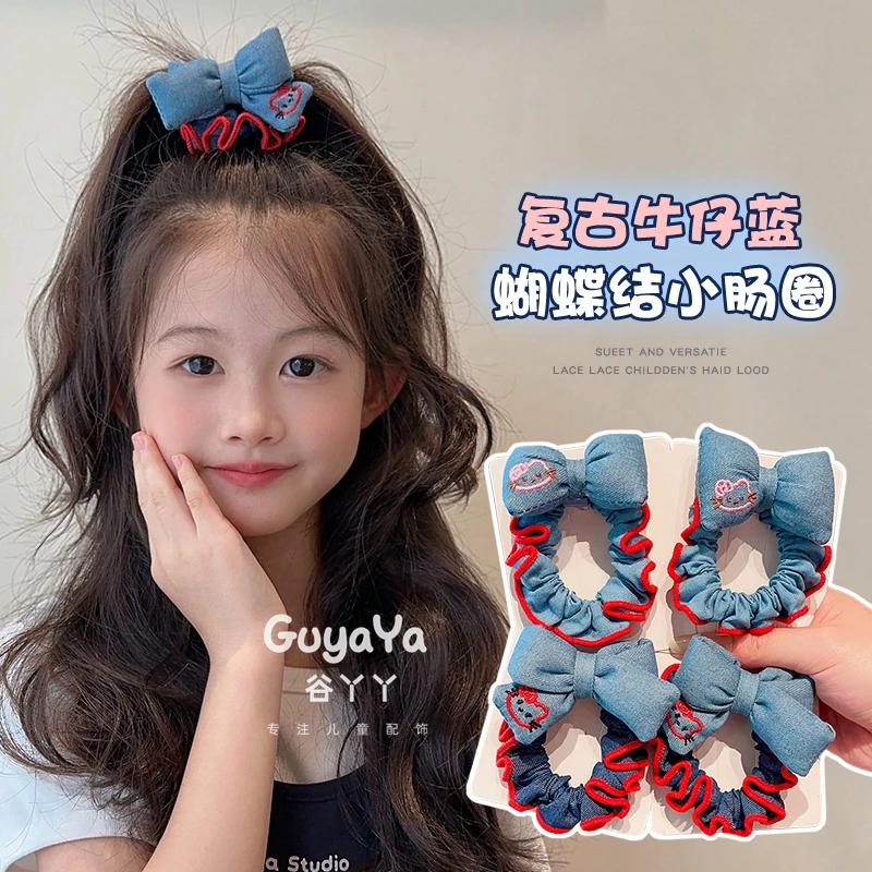 儿童韩系牛仔蝴蝶结小肠发圈kt猫发绳女童发饰不伤发头绳头花头饰