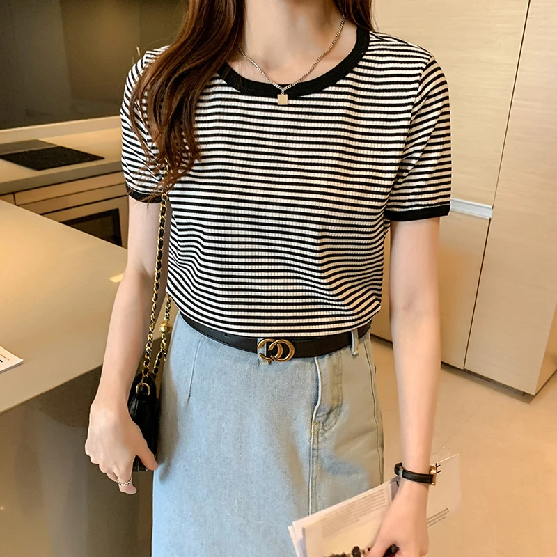 细条纹短袖t恤女2025夏季新款网红ins超火上衣韩版百搭小衫 586