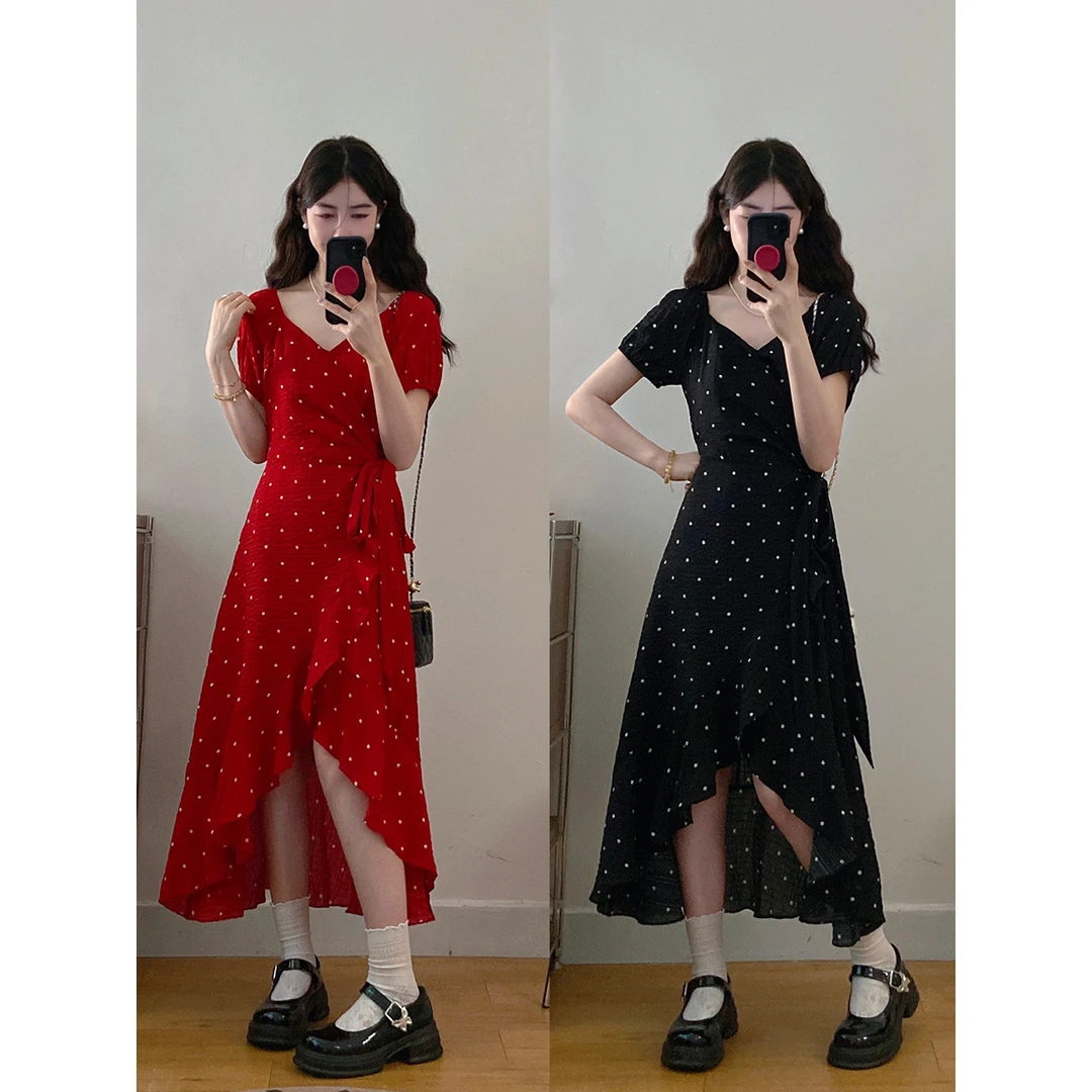 大码黑色红色波点花裙肌理感不规则裙摆A字裙短袖连衣裙-LK3283