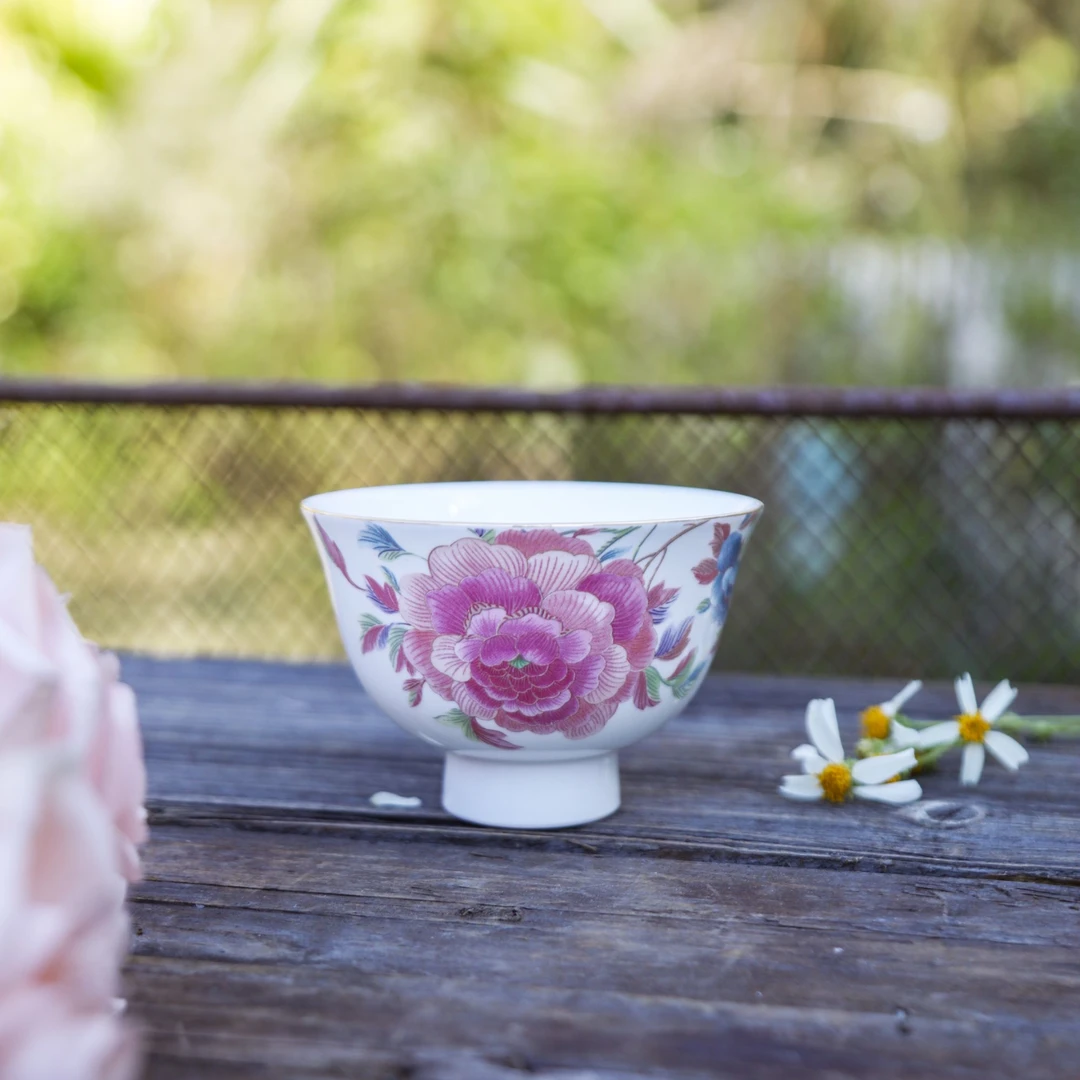 遇见查里  刺绣牡丹骨瓷甜品碗布丁碗零食碗