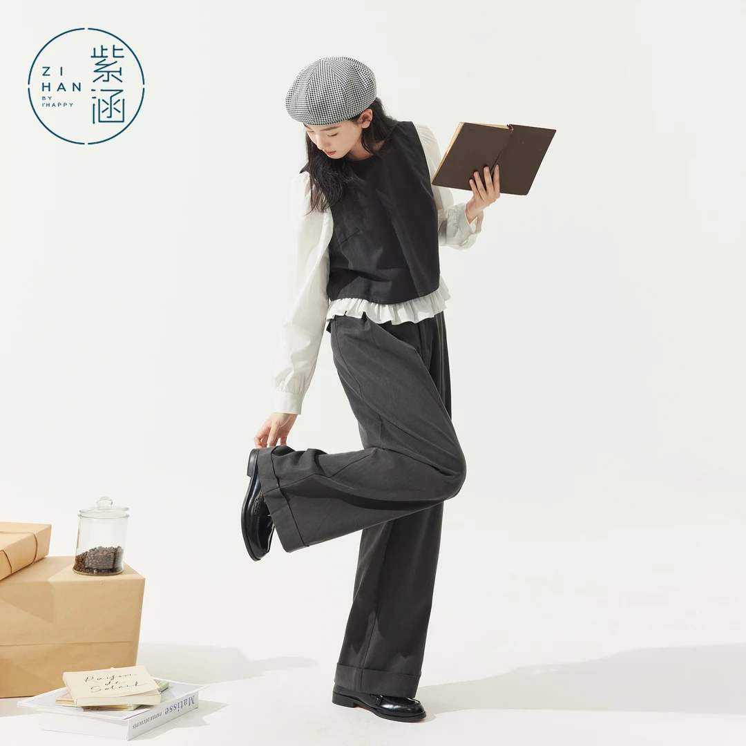 紫涵假两件休闲上衣阔腿长裤两件套装2025秋新款制服Z5Z3JDS557