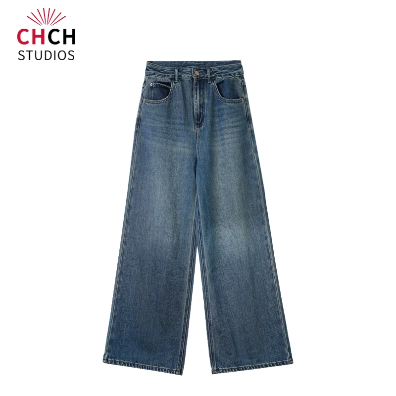 RAQCK08040早秋新款美式蓝色阔腿宽松百搭显瘦直筒牛仔裤女