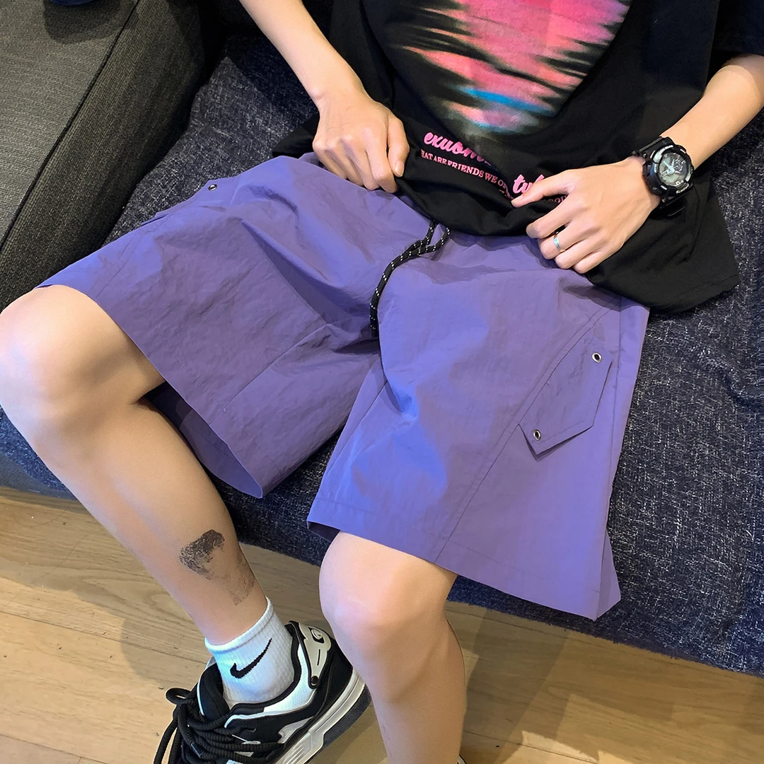 速干伞兵短裤男款夏季潮牌宽松直筒工装中裤美式休闲拼接五分裤子