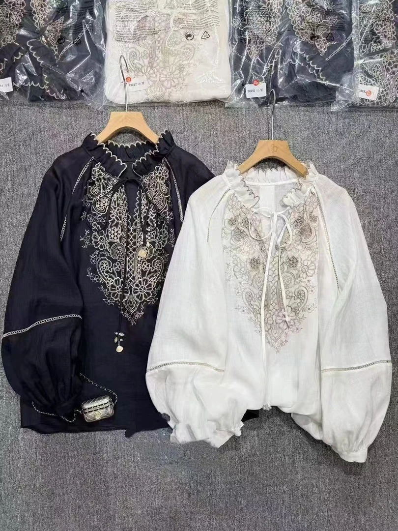 春季新款法式气质重工立体绣花长袖衬衫荷叶领上衣