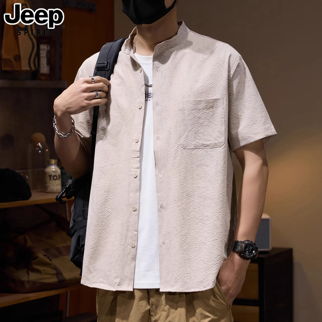 吉普高端冰丝速干肌理感短袖衬衫男夏季潮牌工装宽松大码凉感衬衣