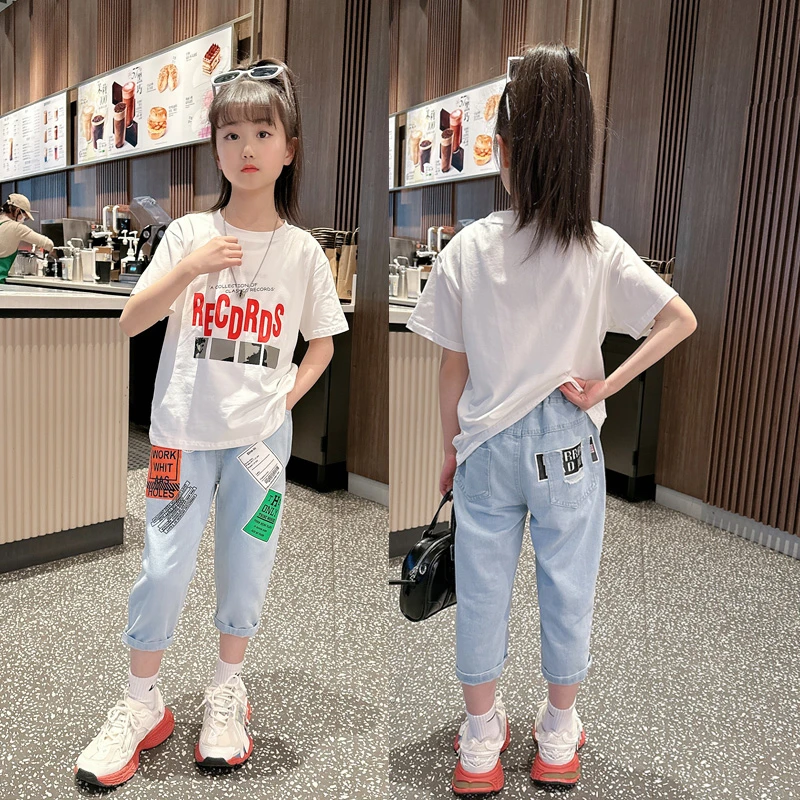 女童夏季套装2025新款儿童休闲洋气夏装女大童短袖牛仔中裤两件套
