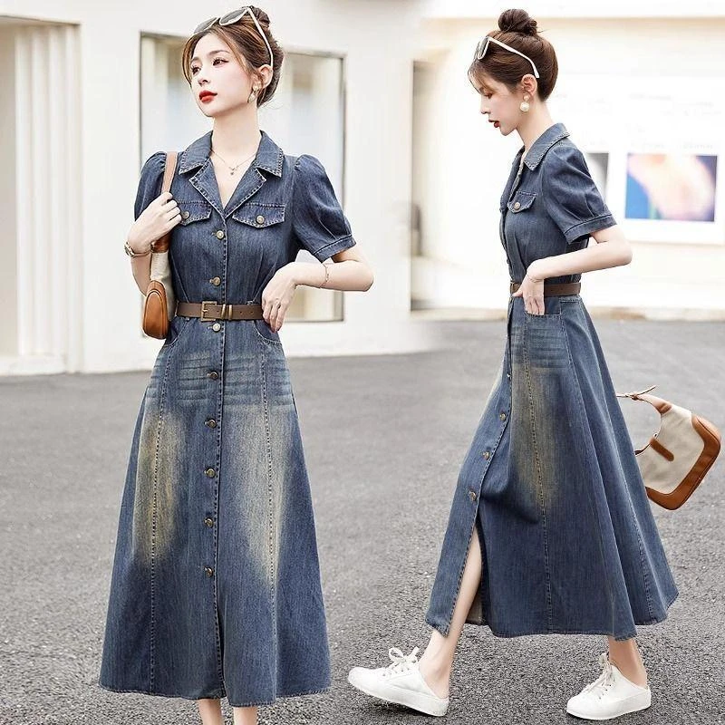 复古高端短袖牛仔连衣裙女2025夏季新款气质收腰显瘦中长款裙子潮