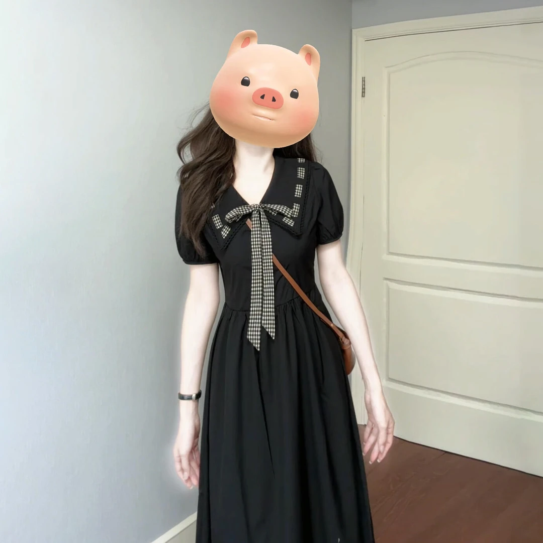 2025新款黑色赫本风娃娃领连衣裙子夏季爆款法式绝美收腰长裙4213