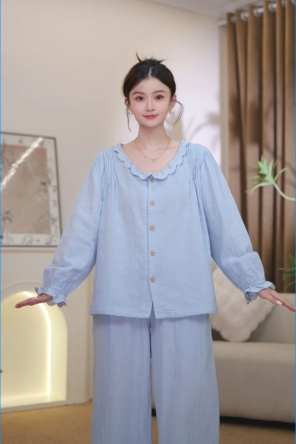 绵羊miemie春季新款纯棉睡衣双层纱布套装减龄时尚可外穿