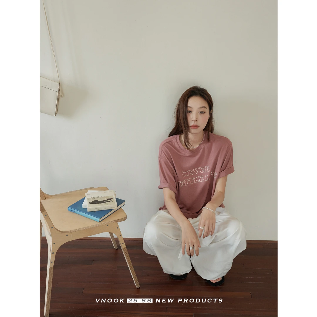vnook字母绣花短袖T恤女夏季新款休闲显瘦简约微宽松雪花针织上衣