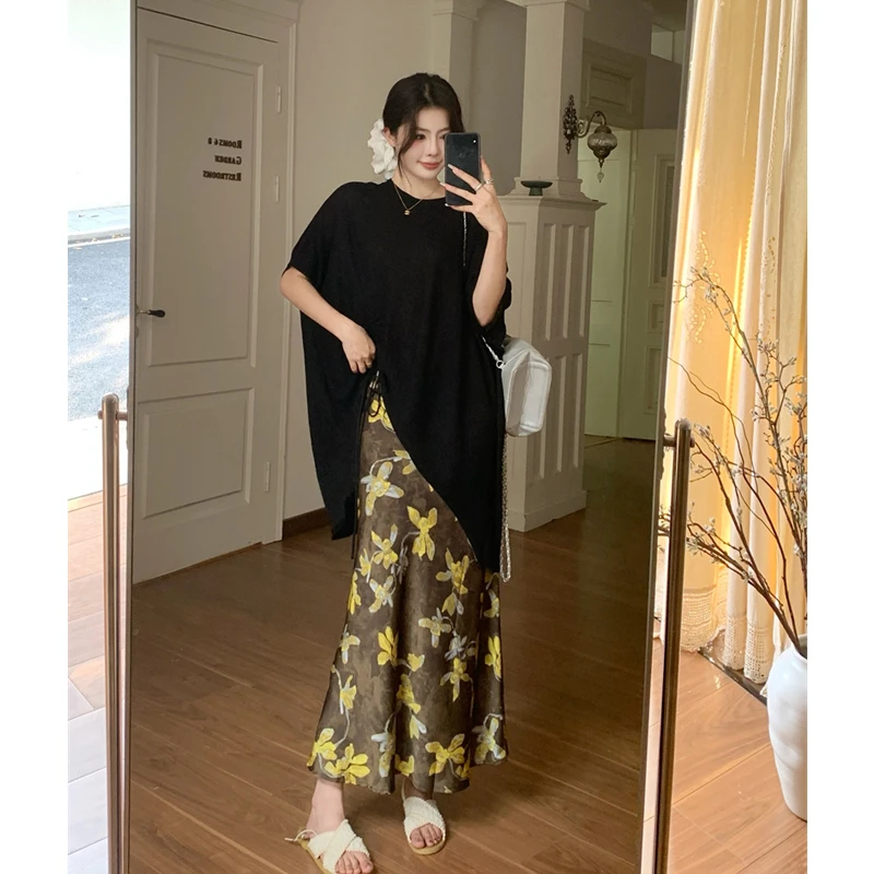 大码2025春夏季新款时尚显瘦宽松针织衫印花半身裙百搭优雅穿搭