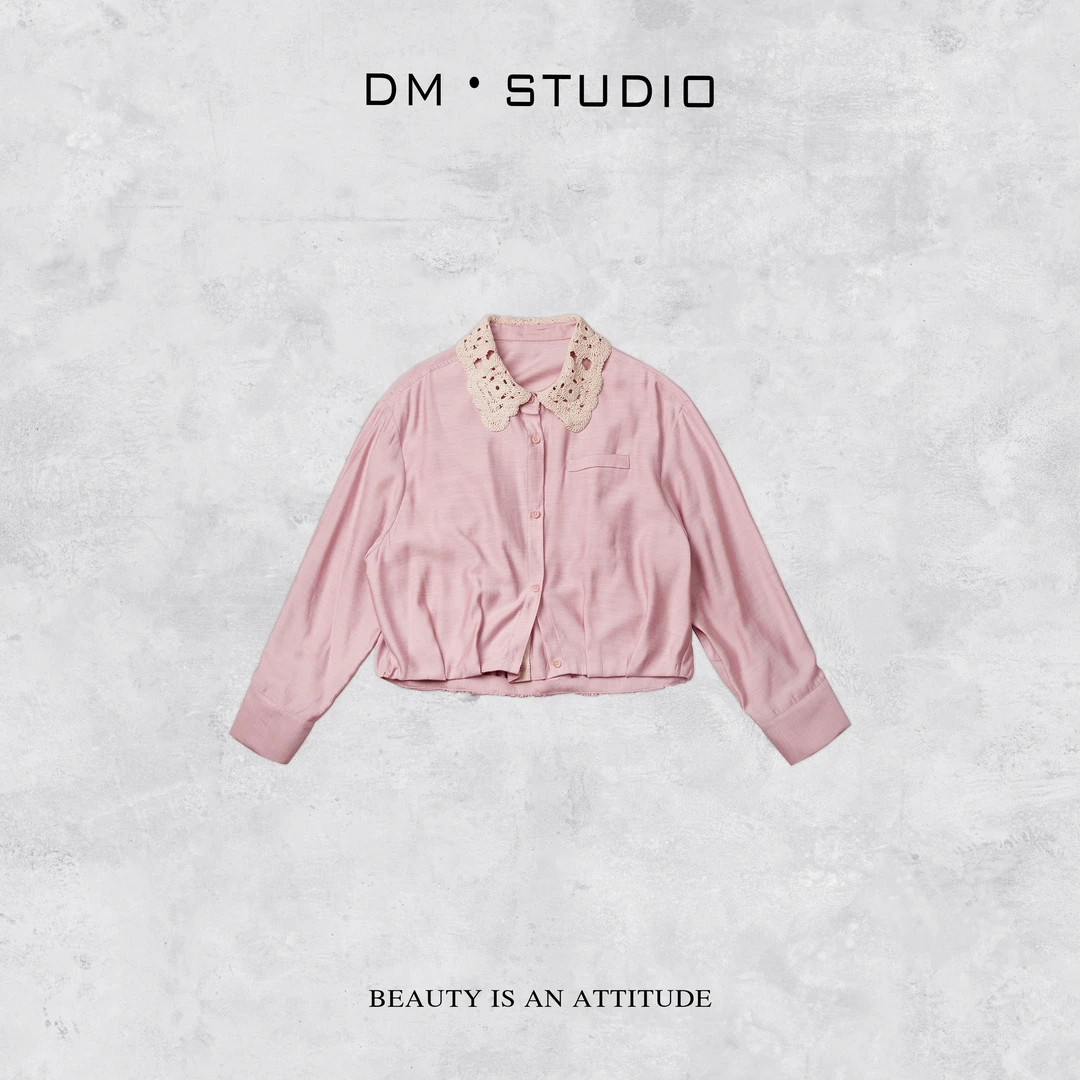 -DM•STUDIO/法式精致感针织钩花翻领排扣衬衫上衣（A5009）