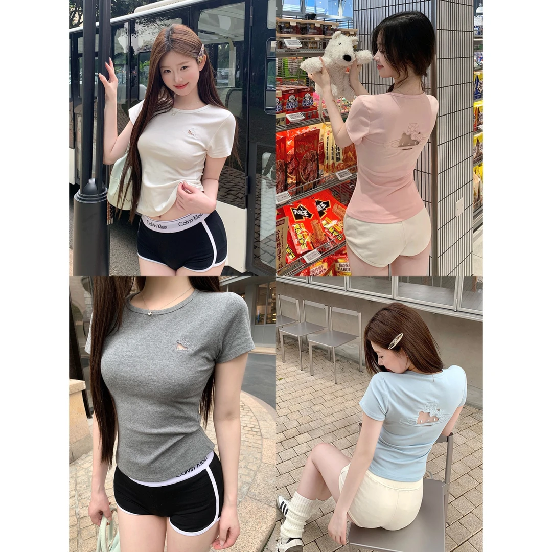 辣妹风正肩镂空短袖T恤女2025春季新款修身设计感刺绣收腰上衣潮