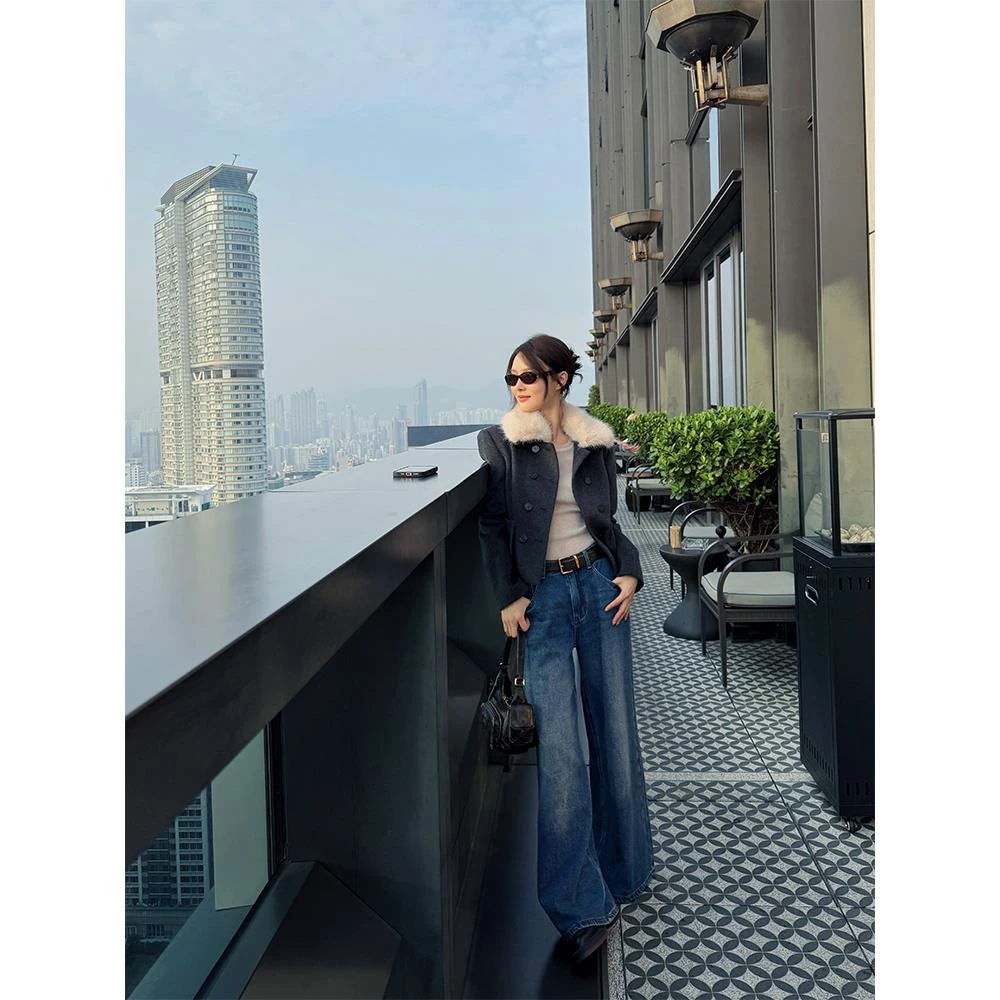 FORNI/YOYO 知琳小姐 可拆卸毛领小香风双面呢羊毛短款大衣外套女