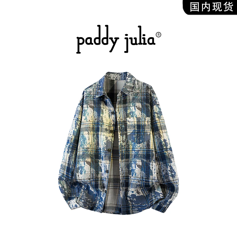 Paddy julia美式迷彩格子长袖衬衫男秋季设计感小众刺绣衬衣外套