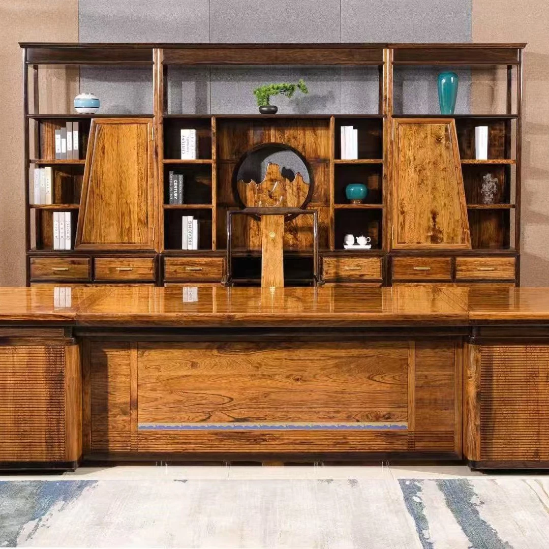非洲檀香+风车木豪华书柜三组合+檀香302*108*80豪华办公台